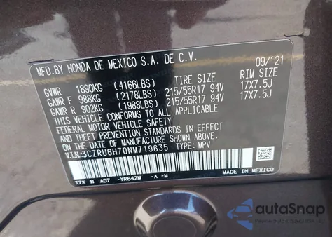 2022 Honda Hr-V Awd Ex-L from USA, damaged, VIN 3CZRU6H70NM719635
